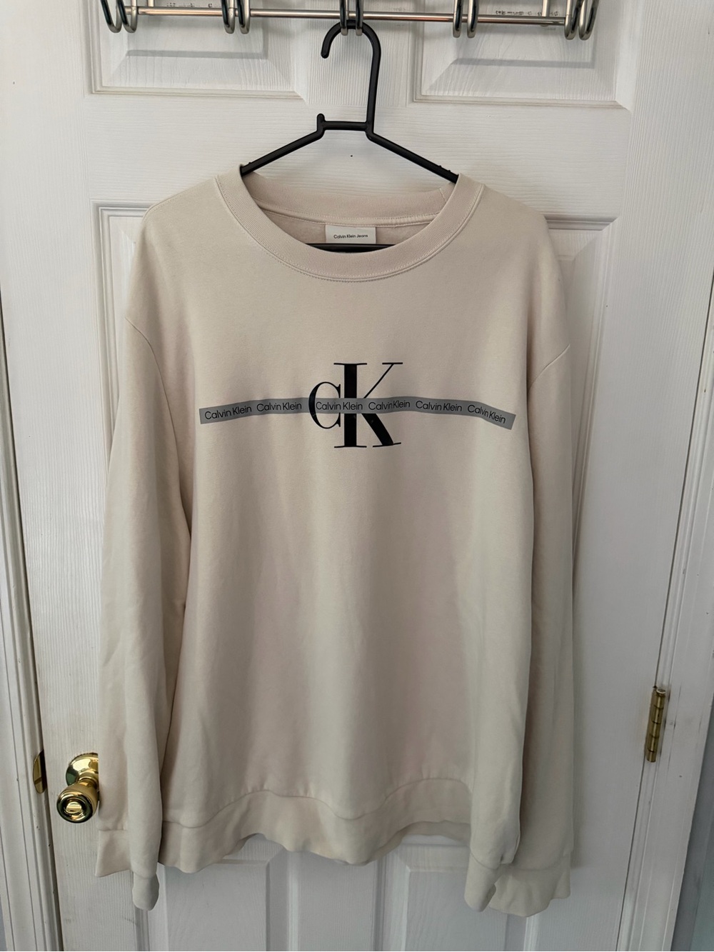 Calvin Klein Jeans Men's Cream Crewneck Sweatshirt with CK Logo